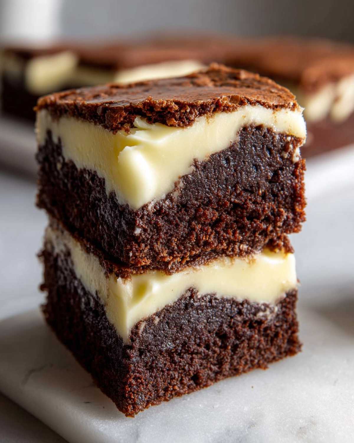 Two stacked squares of rich, dark gingerbread brownies layered with thick, creamy white frosting.