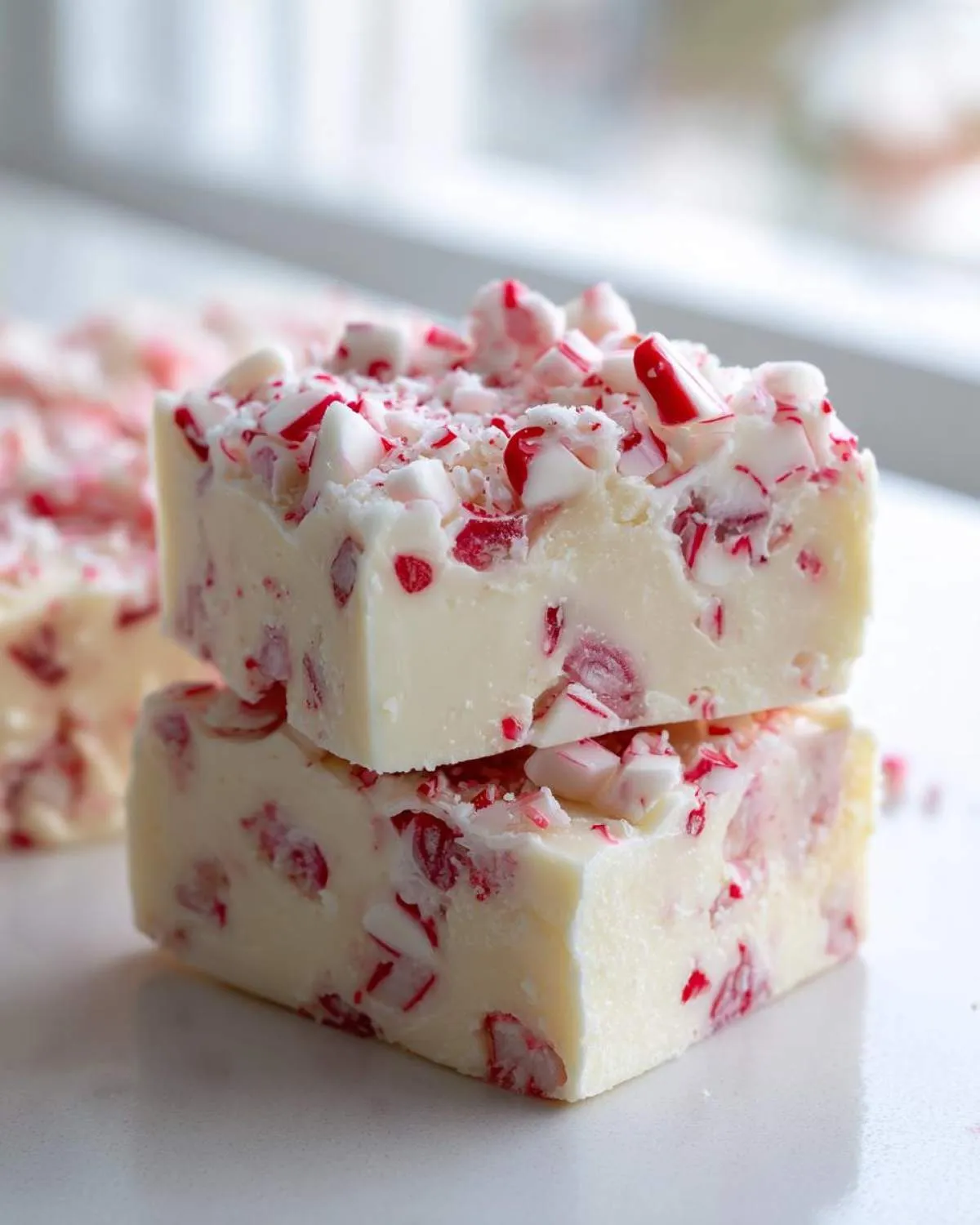 Two squares of white peppermint fudge stacked, topped generously with crushed candy canes.