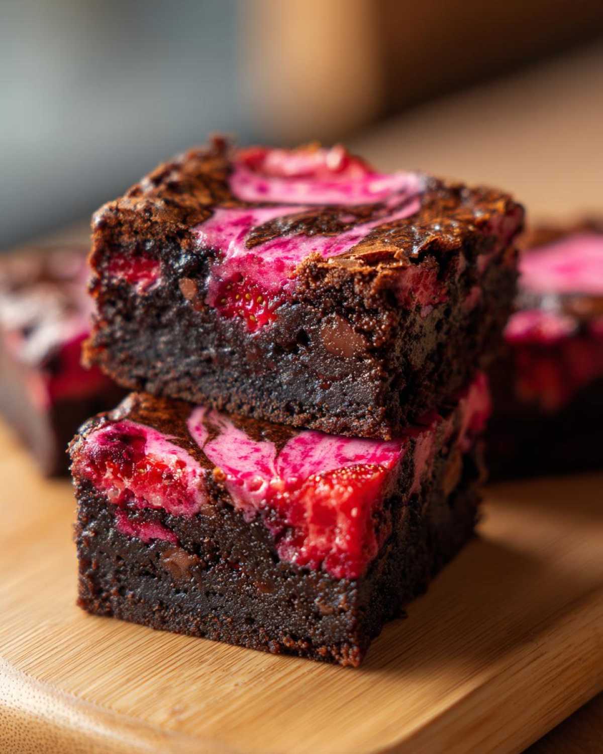 Two rich, dark chocolate strawberry brownies stacked on a wooden board with a bright pink strawberry swirl topping.