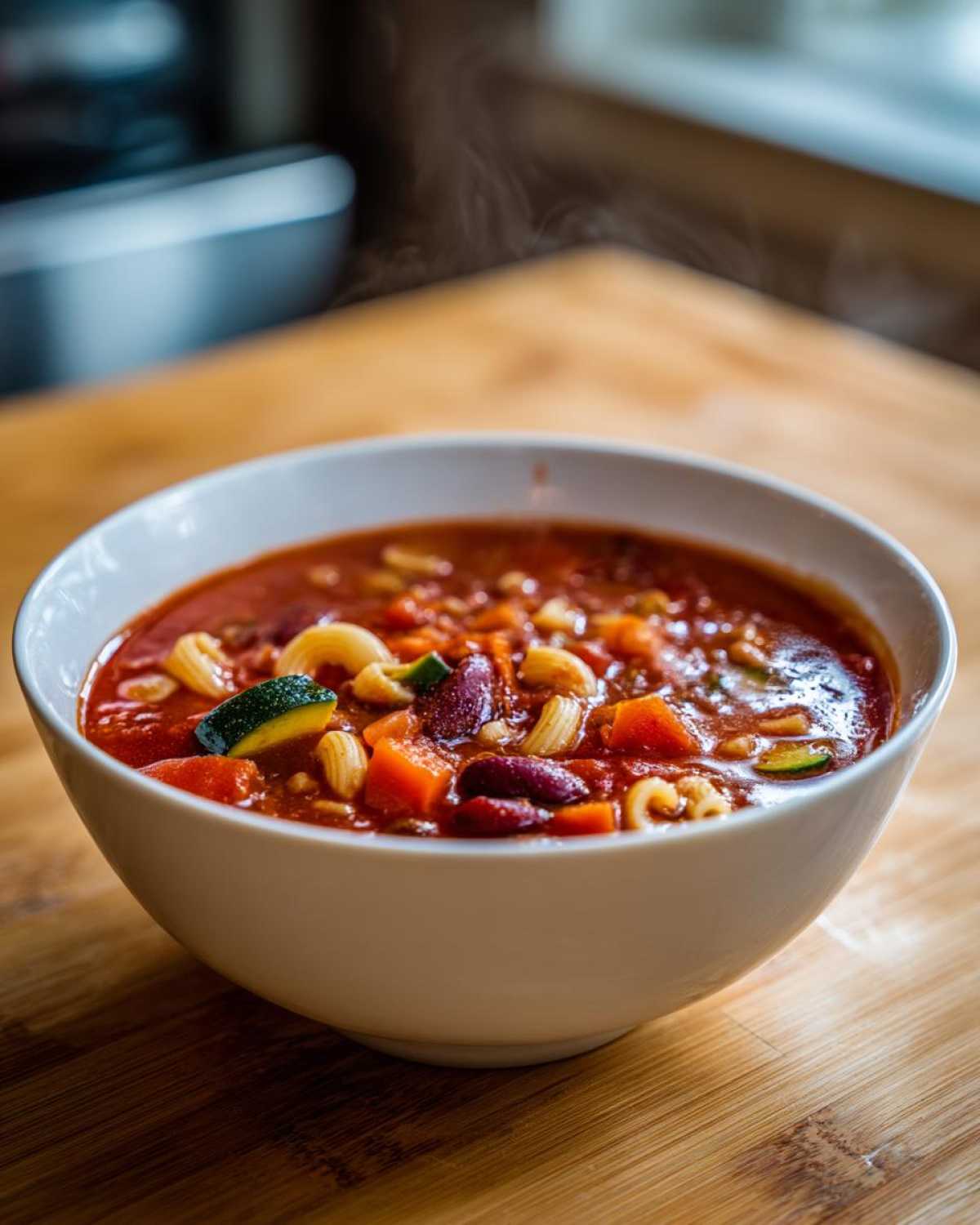 Close-up of a steaming white bowl filled with rich, vegetable-packed minestrone soup on a wooden surface.