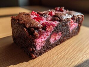 A close-up, cross-section view of a rich chocolate strawberry brownies slice showing bright pink strawberry filling.
