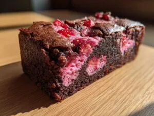 A close-up, cross-section view of a rich chocolate strawberry brownies slice showing bright pink strawberry filling.