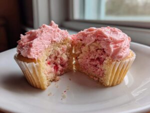 A strawberry cupcake cut in half showing the moist crumb and pink strawberry frosting.