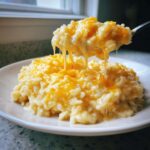 A spoonful of creamy cheesy rice is lifted from a plate, showing long, gooey cheese strings stretching from the main portion.