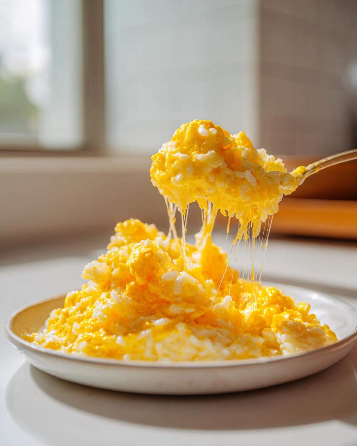 A spoonful of bright yellow, gooey cheesy rice is lifted from a plate, showing long, satisfying cheese pulls.