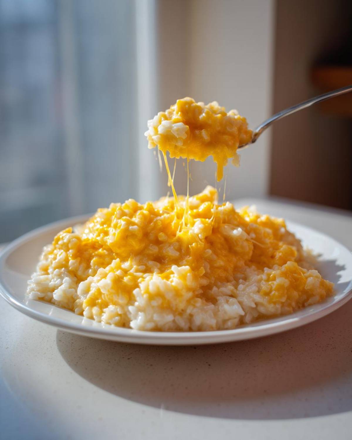 A spoonful of creamy, gooey cheesy rice is lifted from a plate, showing long cheese pulls.