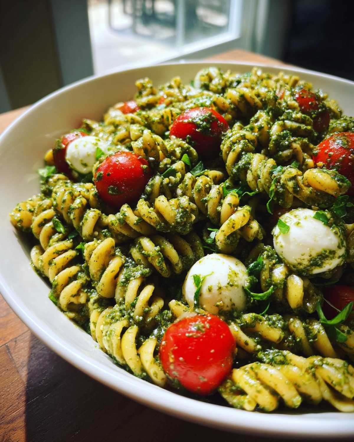 A close-up bowl of vibrant pesto pasta salad featuring fusilli, cherry tomatoes, and small mozzarella balls.