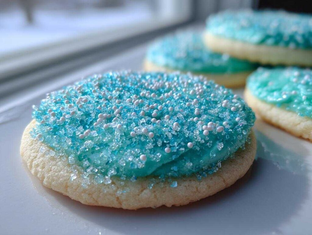 Close-up of a sugar cookie with vibrant blue icing and sparkling white and blue sprinkles, demonstrating the sugar cookie icing recipe.
