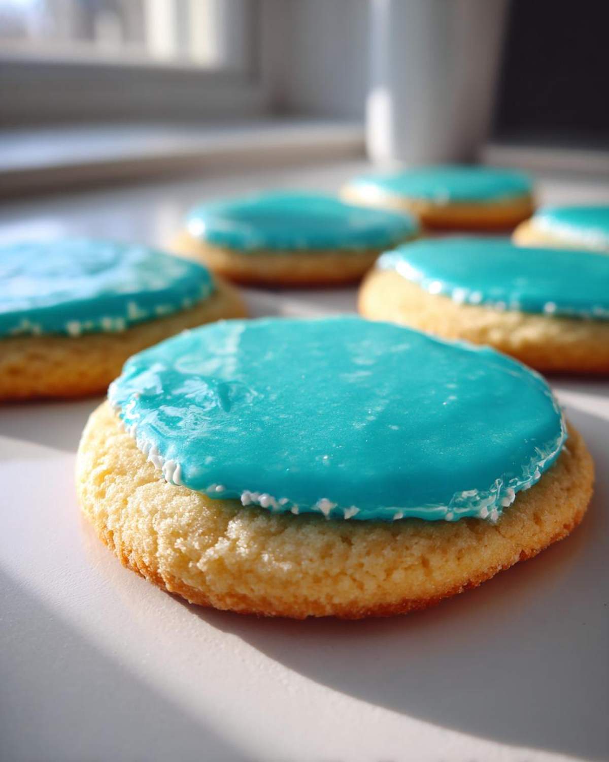 Close-up of a round sugar cookie topped with vibrant, glossy blue sugar cookie icing recipe.