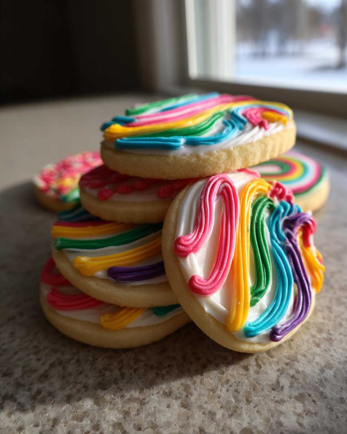 A stack of round sugar cookies decorated with bright, glossy rainbow cookie icing designs.