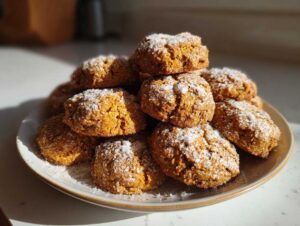 A warm stack of freshly baked persimmon cookies dusted heavily with sparkling white sugar.