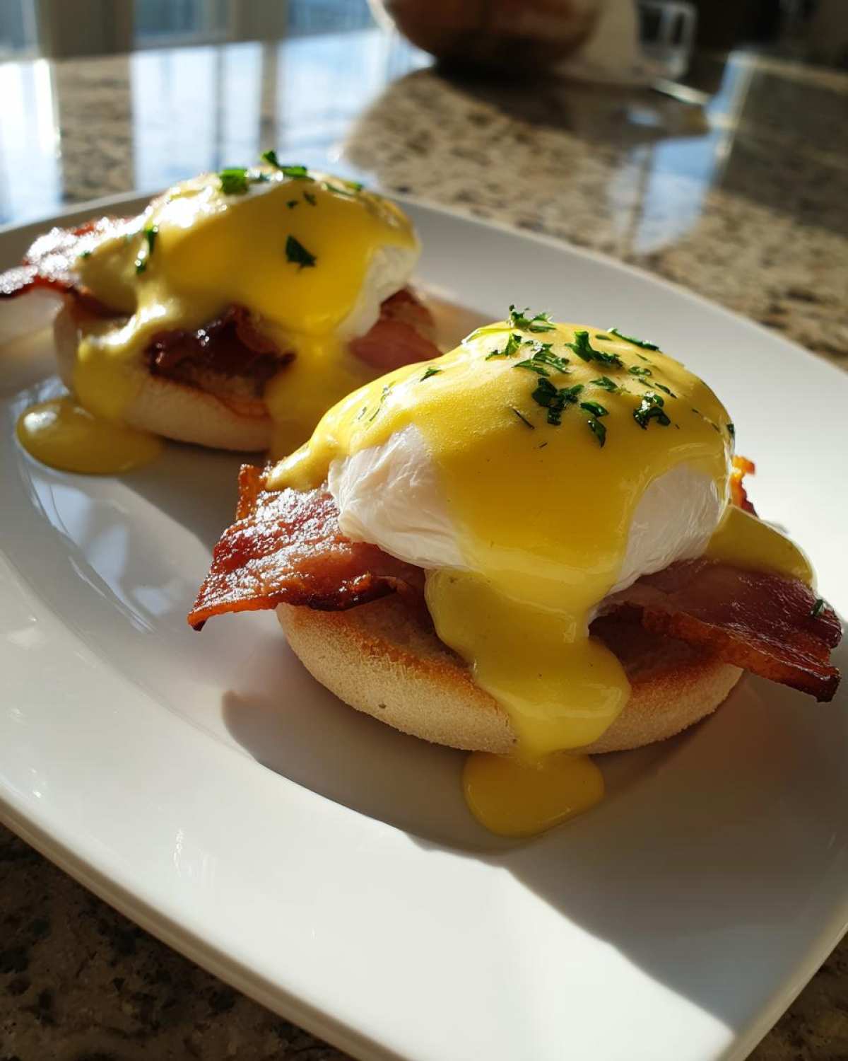 Two servings of eggs benedict featuring poached eggs, crispy bacon, and rich hollandaise sauce on toasted English muffins.