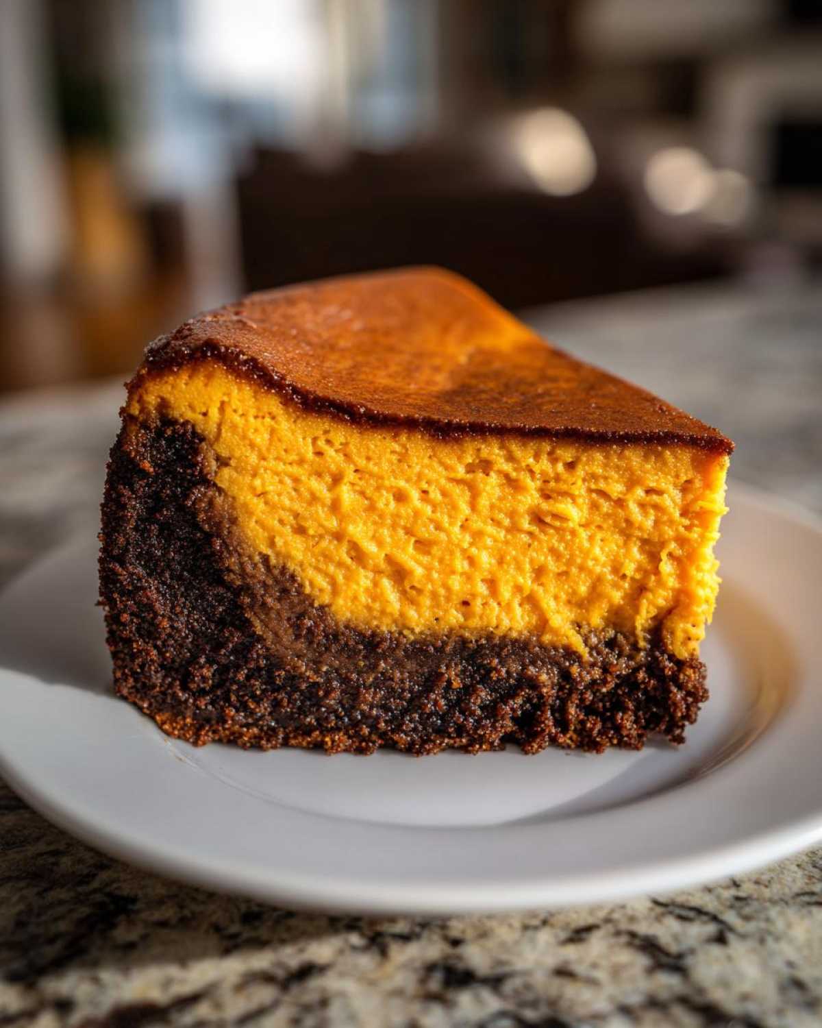 A thick slice of bright orange sweet potato cheesecake resting on a dark chocolate crust, served on a white plate.