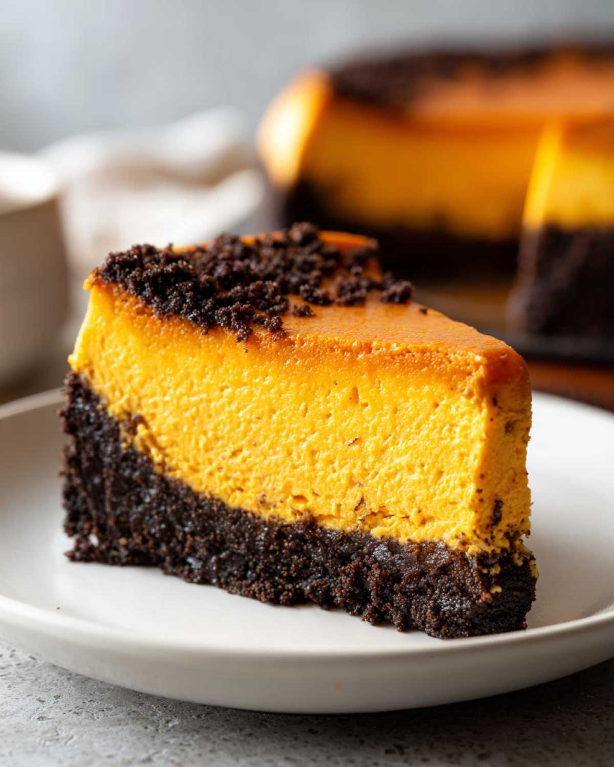 A close-up of a thick slice of bright orange sweet potato cheesecake on a white plate with a dark chocolate crust.