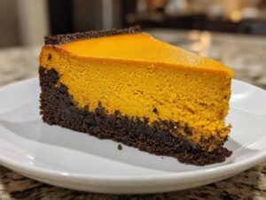 A thick slice of bright orange sweet potato cheesecake with a dark chocolate crust on a white plate.