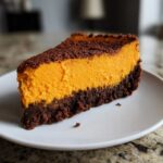 A rich slice of sweet potato cheesecake with a bright orange filling and dark chocolate crust.