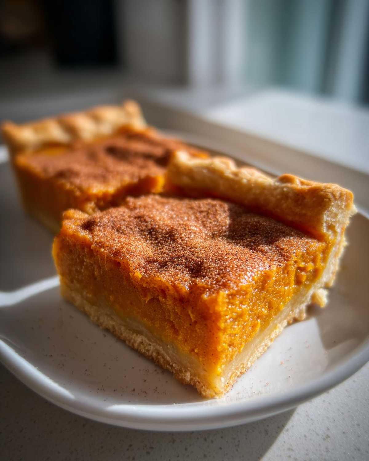 Two slices of rich orange sweet potato cobbler topped with cinnamon sugar on a white plate.