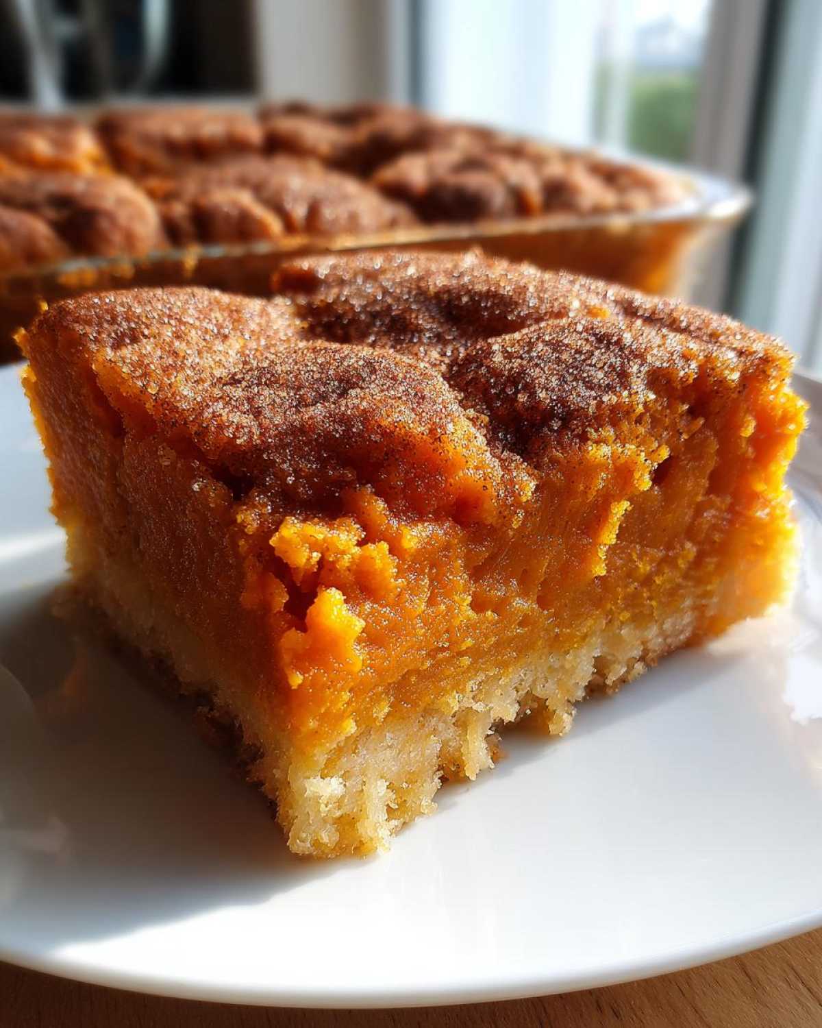 Close-up of a square slice of sweet potato cobbler with a thick, orange filling and cinnamon sugar topping on a white plate.