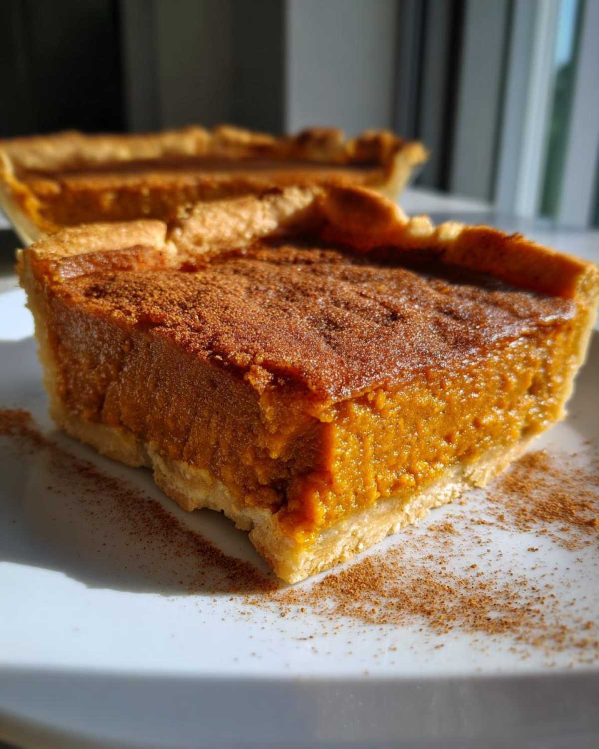 Close-up of a thick slice of sweet potato cobbler on a white plate, dusted with cinnamon.