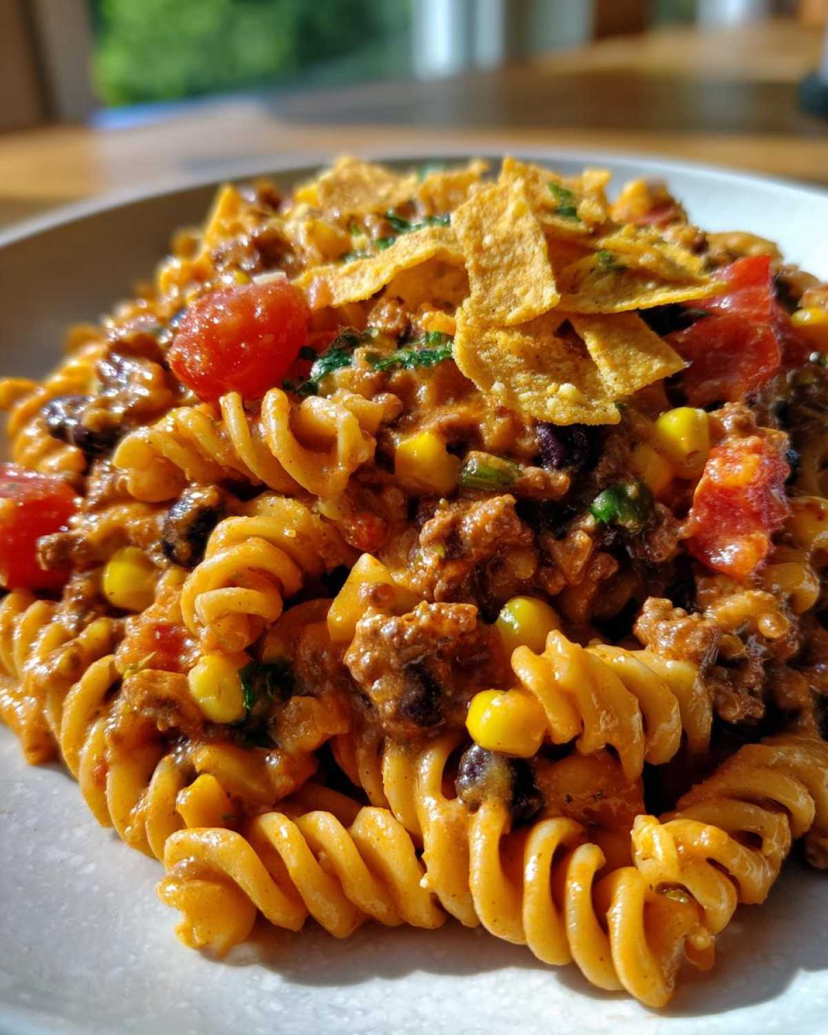A close-up of a serving of taco pasta salad featuring rotini pasta, seasoned ground meat, corn, beans, and topped with crushed tortilla chips.