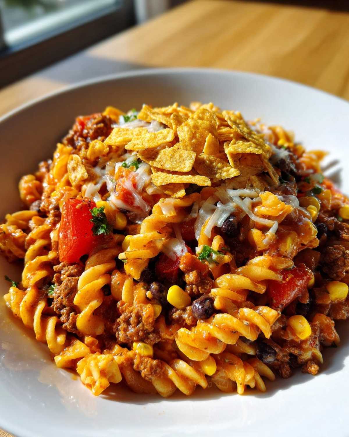 A close-up of a serving of taco pasta salad featuring rotini pasta, seasoned ground beef, corn, black beans, and topped with shredded cheese and crushed tortilla chips.