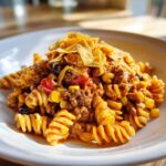 Close-up of a bowl of taco pasta salad featuring rotini pasta, seasoned ground beef, corn, beans, and topped with crushed tortilla chips.
