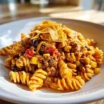 Close-up of a bowl of taco pasta salad featuring rotini pasta, seasoned ground beef, corn, beans, and topped with crushed tortilla chips.