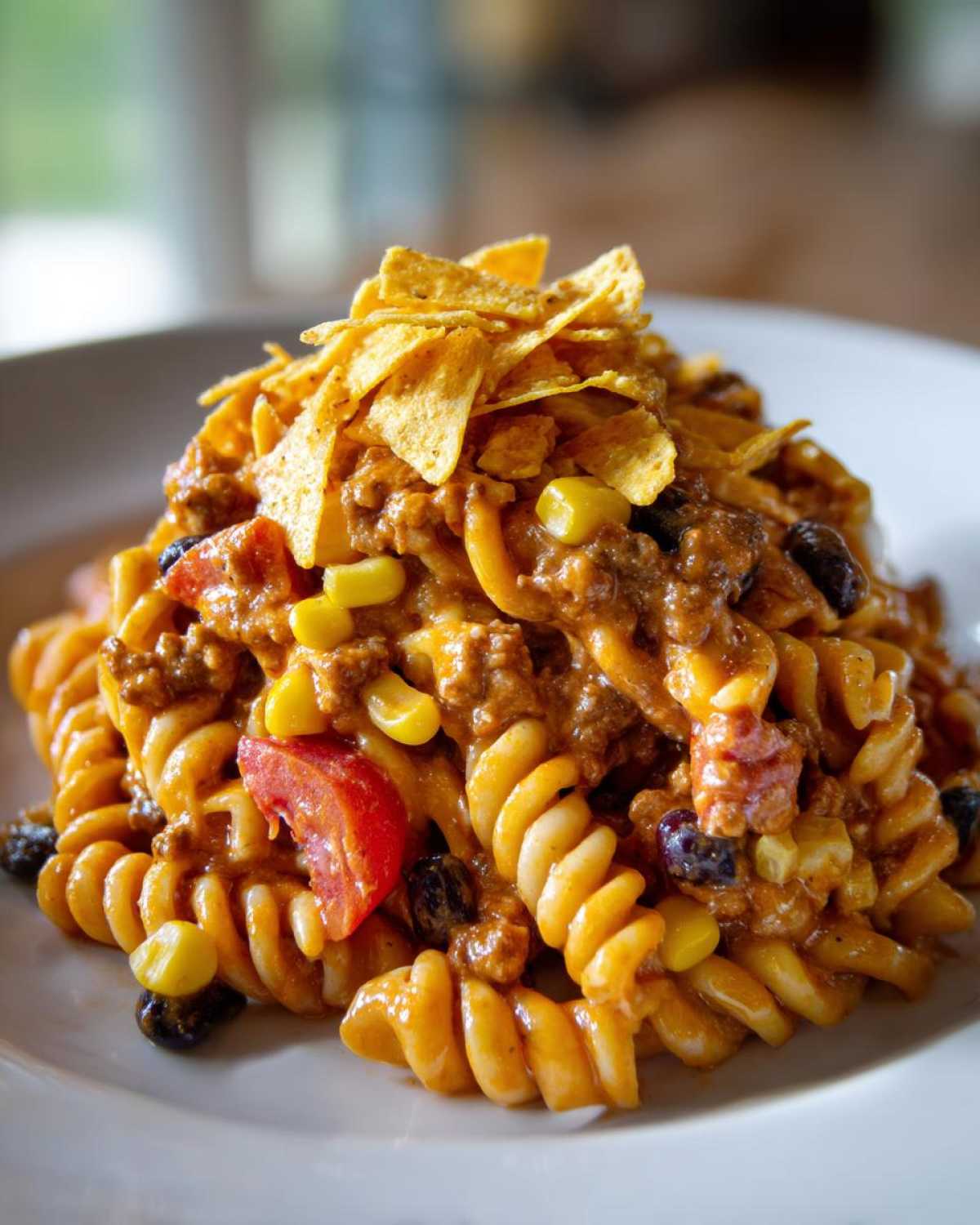 Close-up of a serving of creamy taco pasta salad featuring fusilli pasta, ground beef, corn, tomatoes, and topped with crushed tortilla chips.