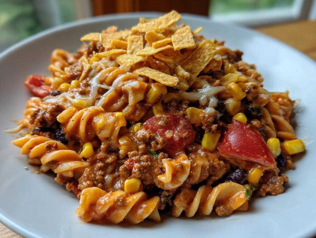 A close-up serving of taco pasta salad featuring rotini pasta, seasoned ground meat, corn, tomatoes, melted cheese, and crushed tortilla chips.