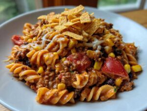 A close-up serving of taco pasta salad featuring rotini pasta, seasoned ground meat, corn, tomatoes, melted cheese, and crushed tortilla chips.