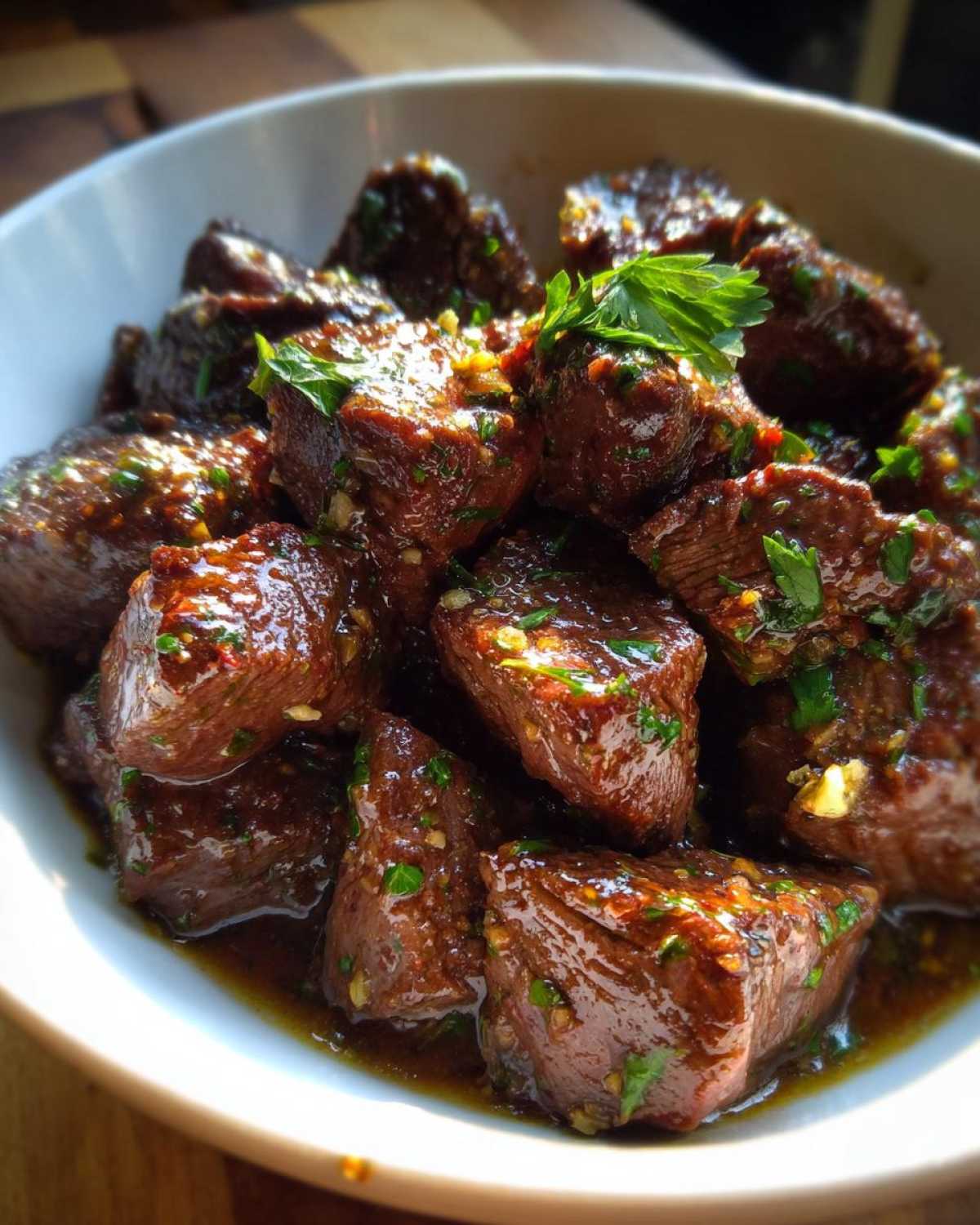 Close-up of tender crockpot steak bites coated in a savory brown sauce and garnished with fresh parsley.