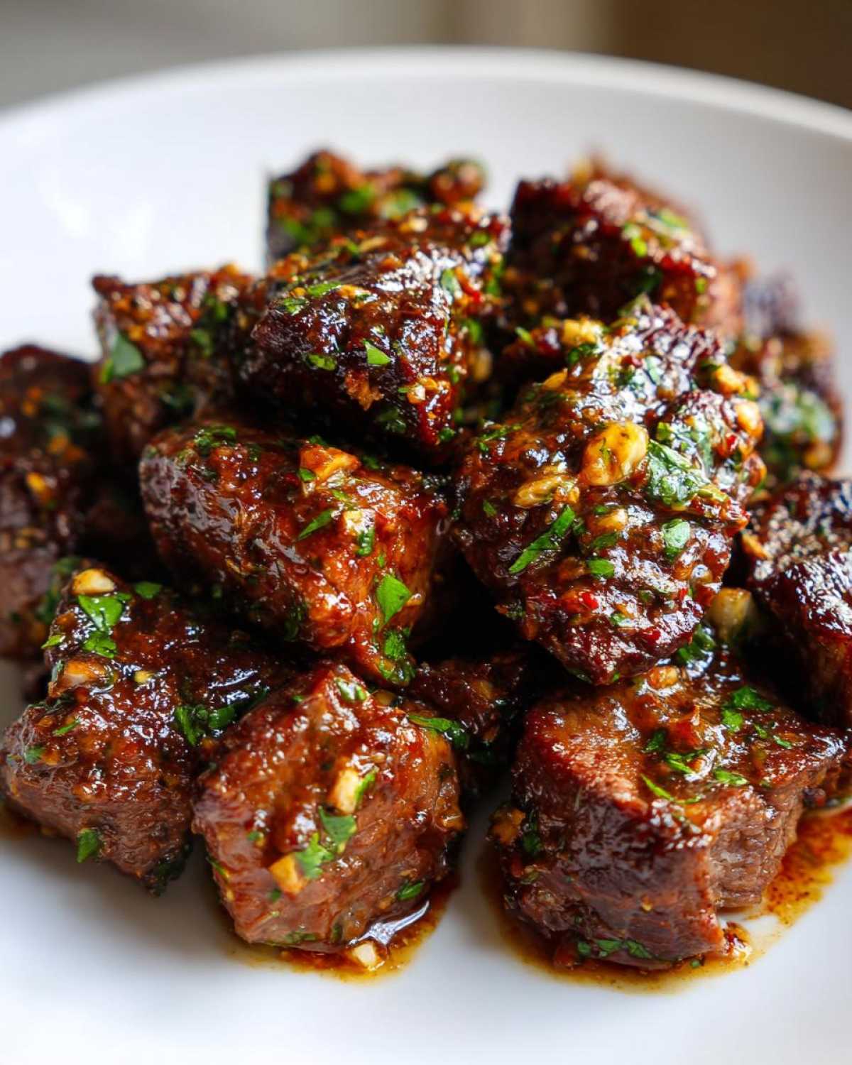 Close-up of tender crockpot steak bites coated in a rich, glossy sauce with visible garlic and parsley.