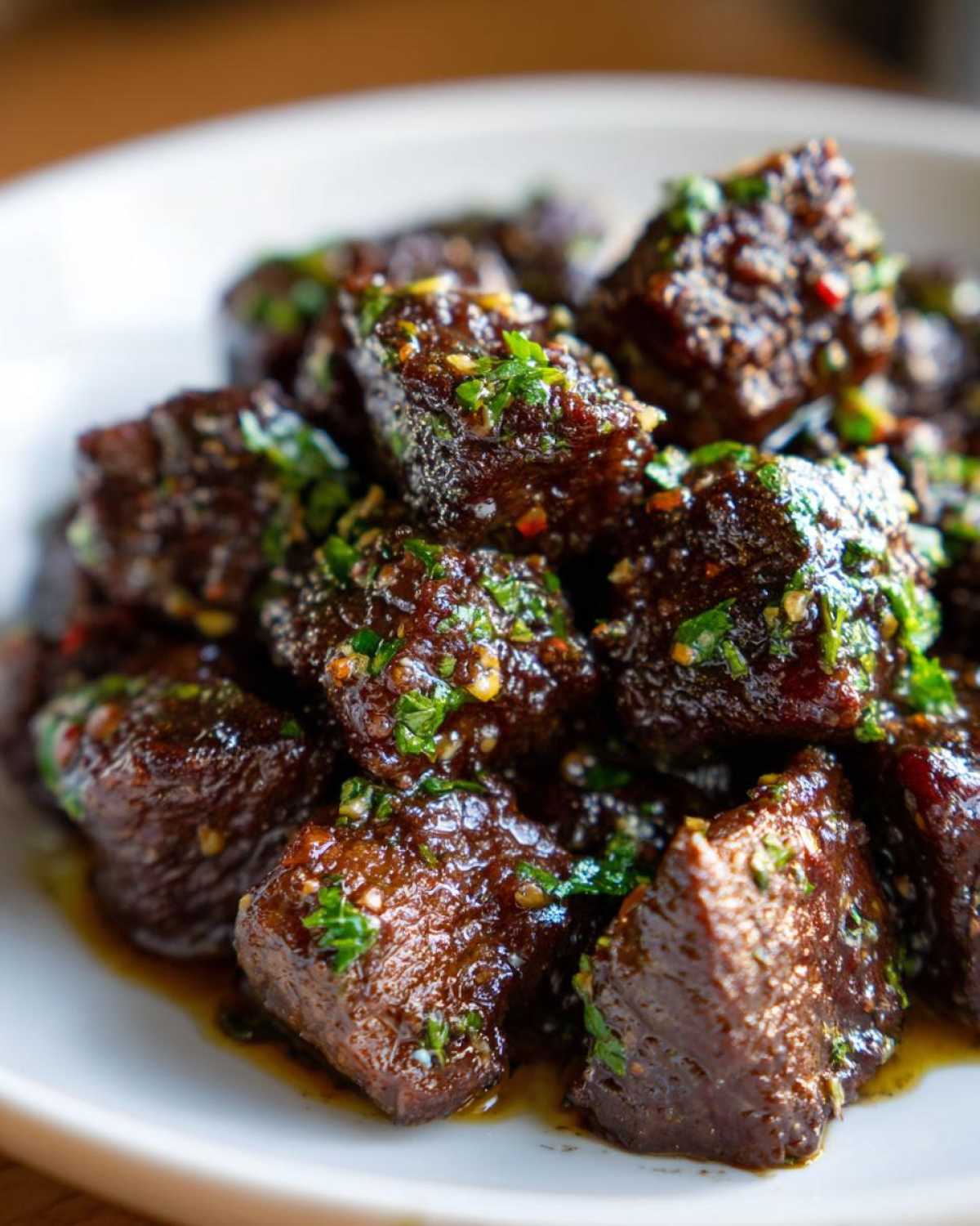 Close-up of tender crockpot steak bites coated in a rich, dark sauce and topped with fresh green herbs.