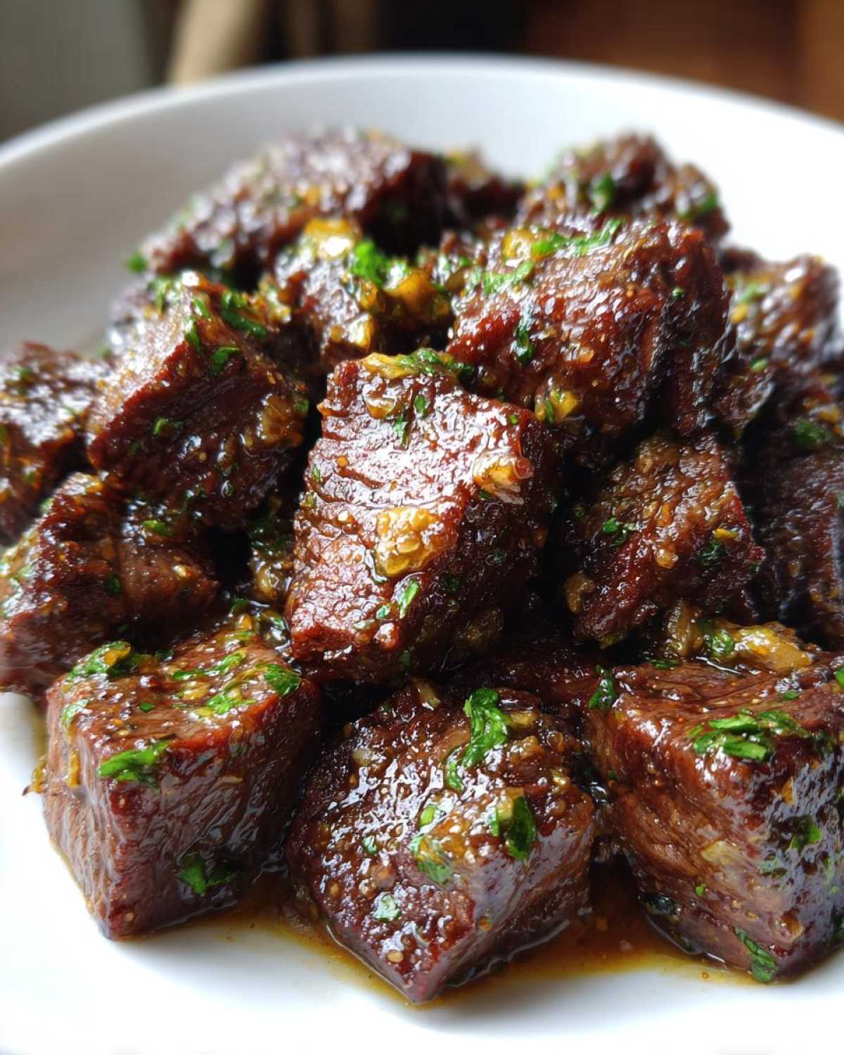 Close-up of tender crockpot steak bites coated in a glossy, savory brown sauce and garnished with fresh parsley.