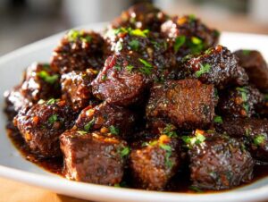 Close-up of tender crockpot steak bites coated in a dark, glossy sauce and garnished with fresh parsley.