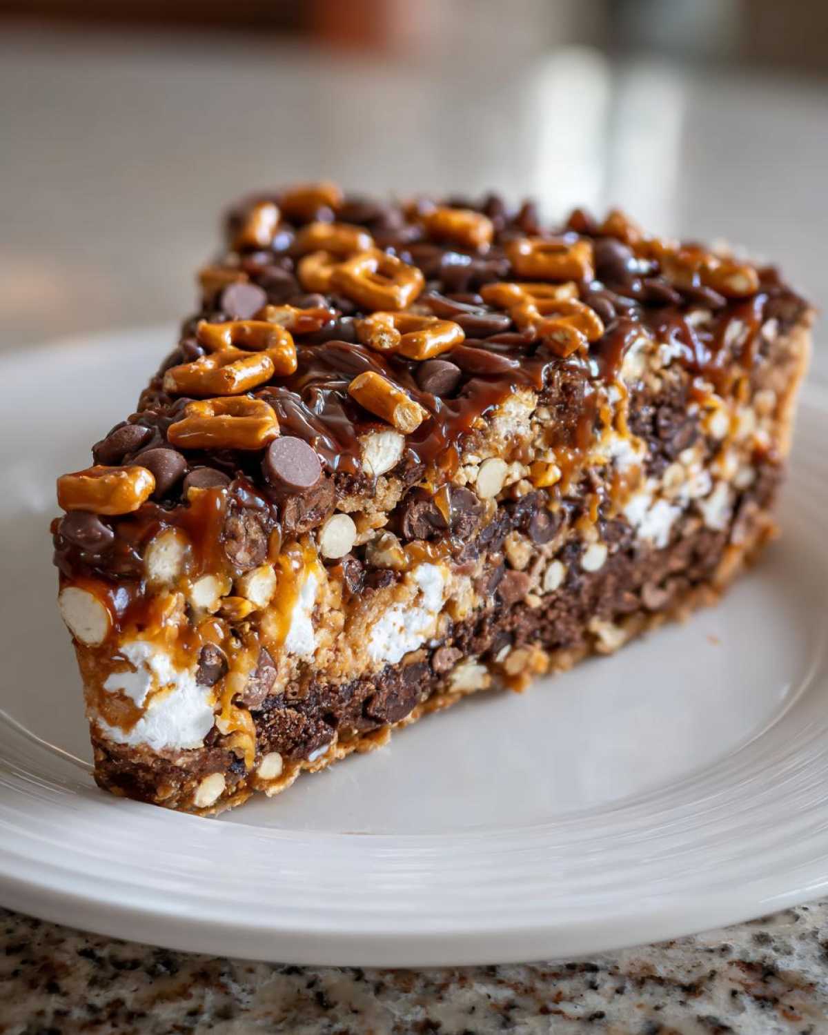 A decadent slice of texas trash pie loaded with chocolate chips, marshmallows, and topped with caramel and mini pretzels.
