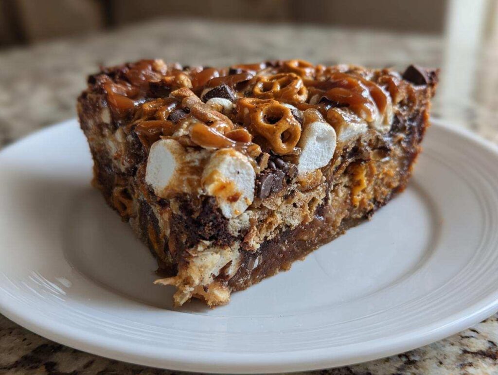 A decadent slice of texas trash pie loaded with pretzels, marshmallows, chocolate chips, and caramel sauce.