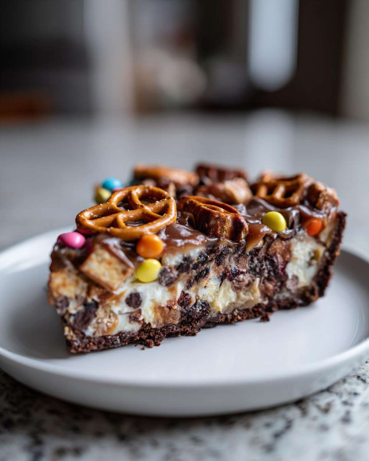 A decadent slice of texas trash pie showing a thick crust, creamy filling, chocolate, and pretzel topping.