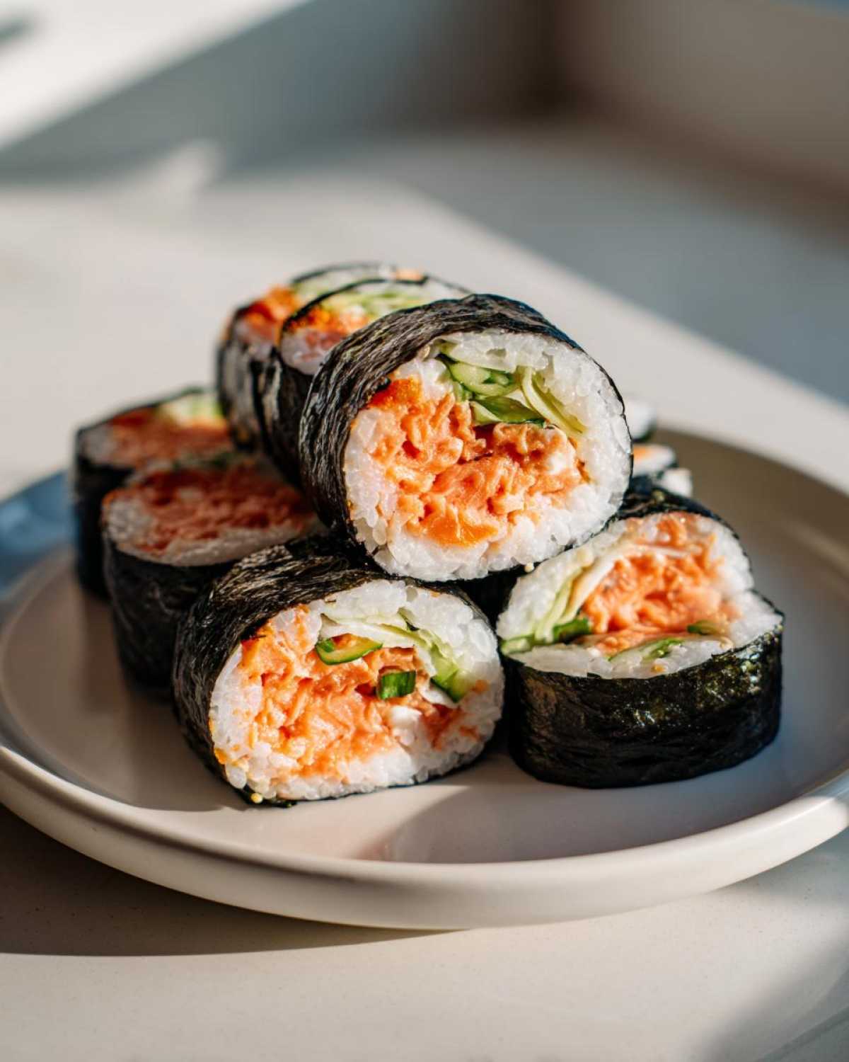 A stack of freshly cut tuna kimbap rolls showing creamy tuna filling and cucumber inside white rice and dark nori seaweed.