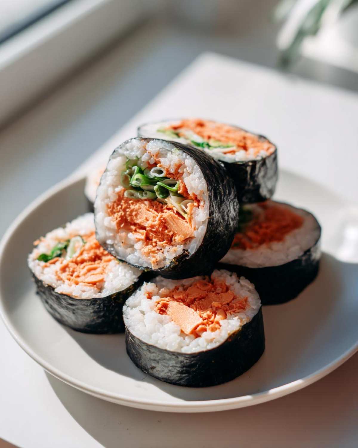 A stack of five freshly cut tuna kimbap rolls filled with flaked tuna and green vegetables on a white plate.