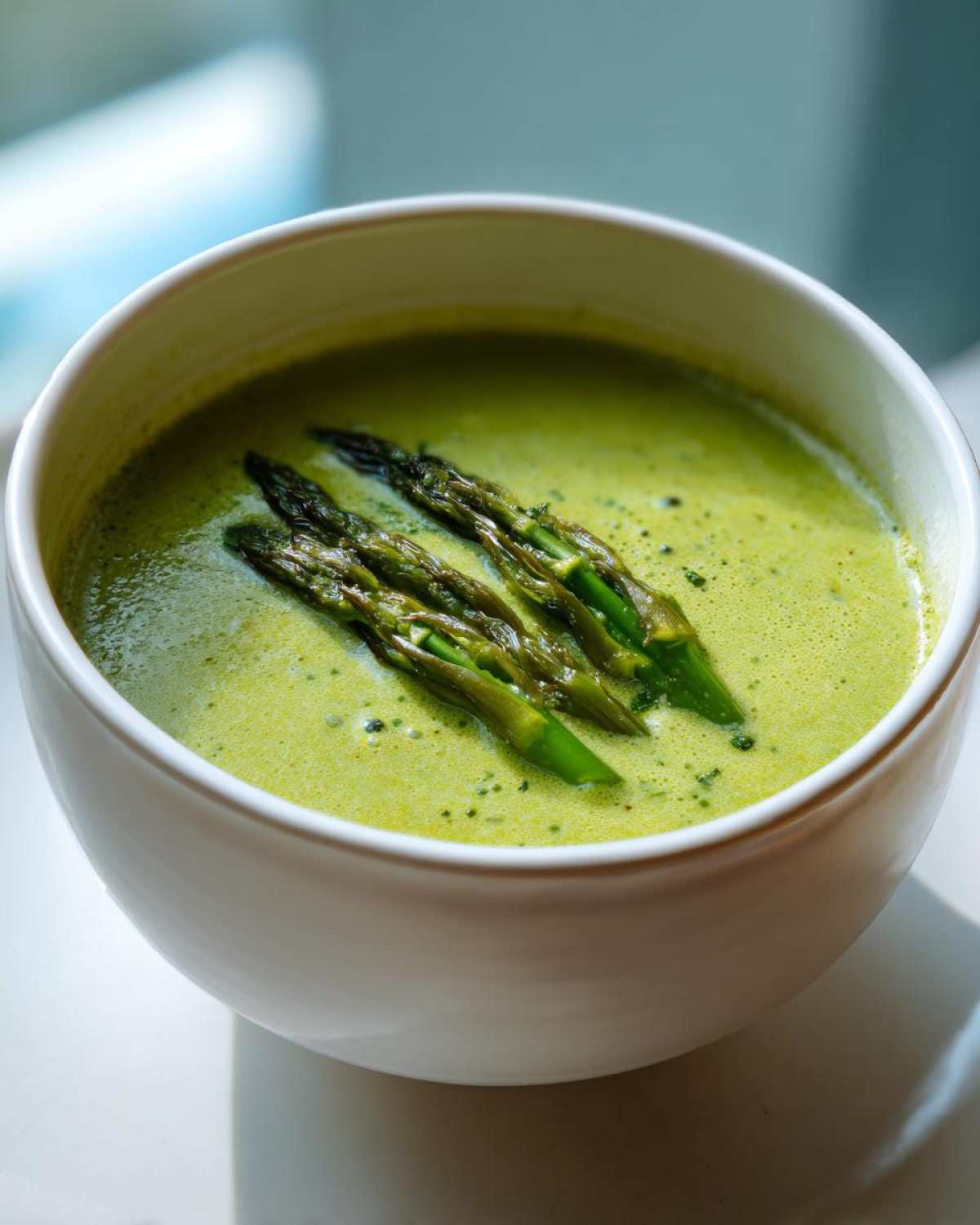 A vibrant bowl of creamy green asparagus soup topped with three roasted asparagus spears.