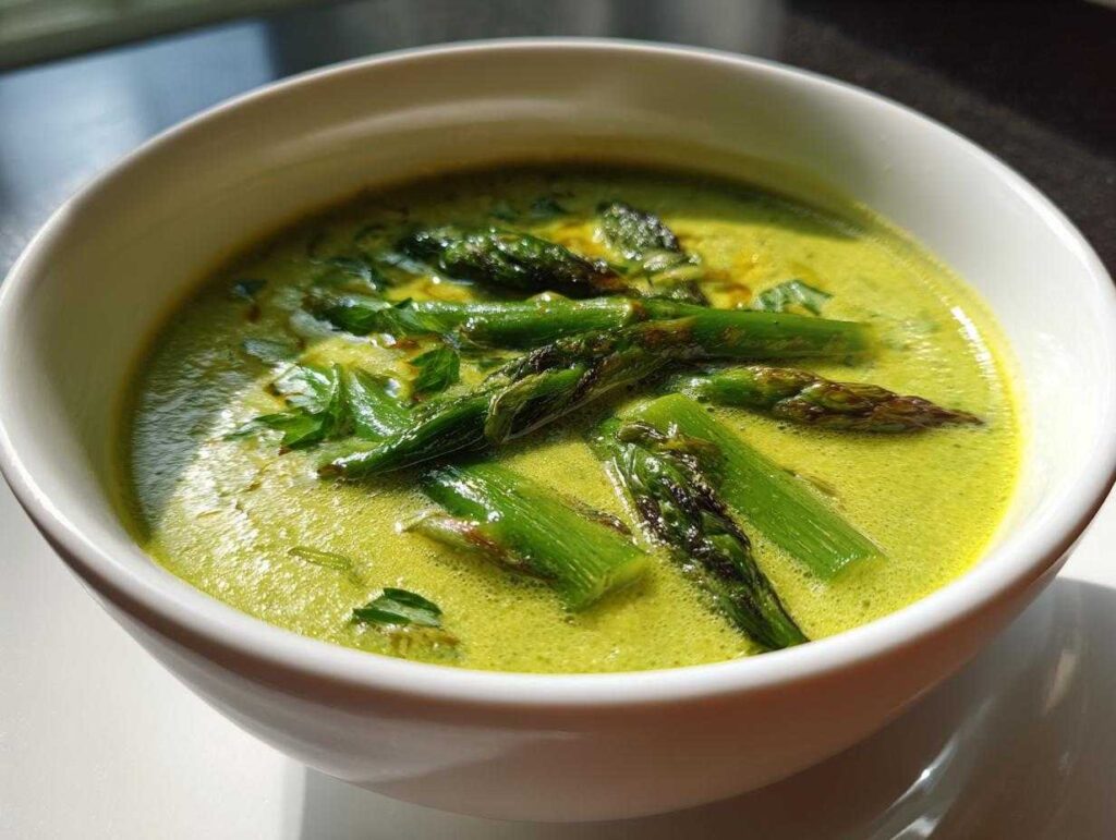 A close-up of vibrant green asparagus soup topped with roasted asparagus spears and herbs.