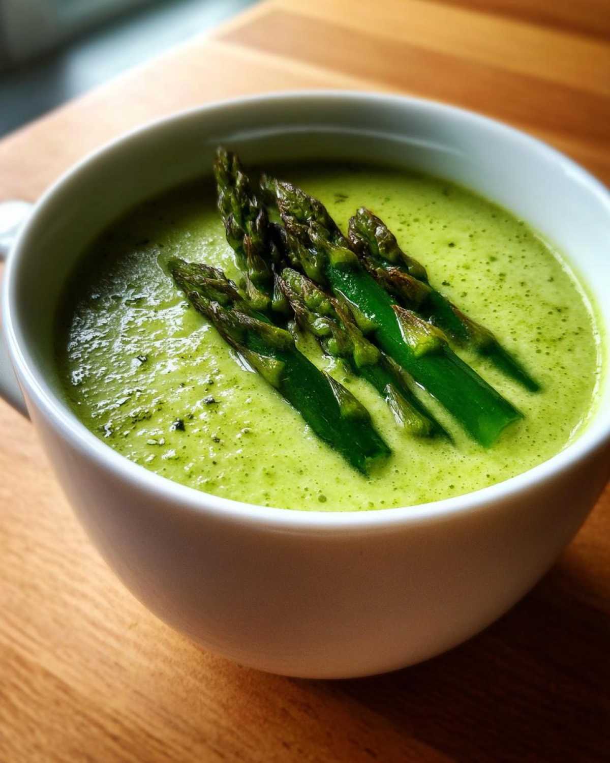 Close-up of vibrant green asparagus soup in a white bowl, garnished with whole asparagus tips.