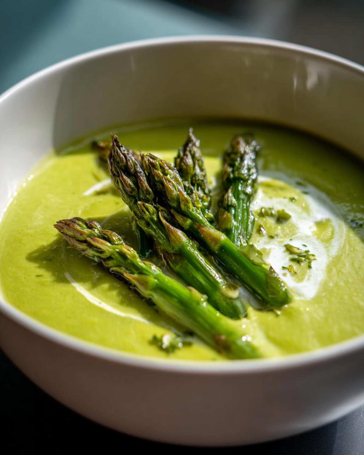 A close-up of creamy green asparagus soup topped with roasted asparagus spears and a swirl of cream.
