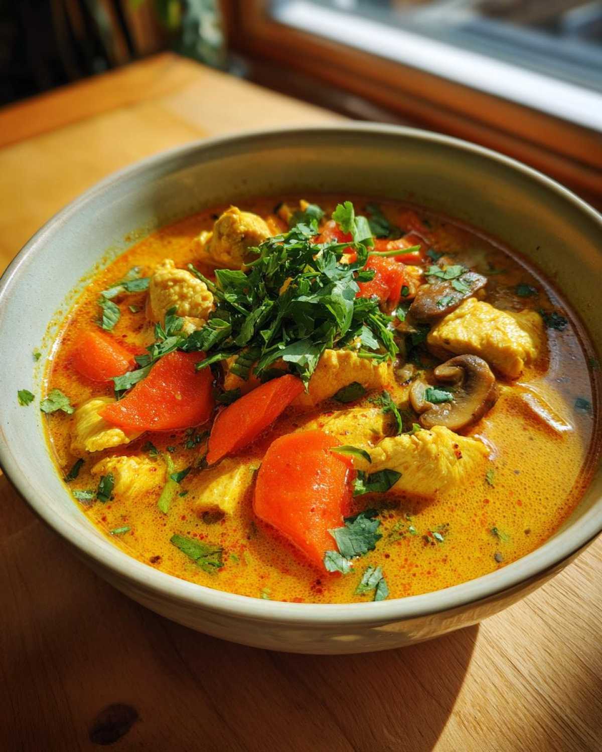 Close-up of a vibrant, yellow coconut curry soup featuring chicken chunks, bright orange carrots, mushrooms, and fresh cilantro garnish.