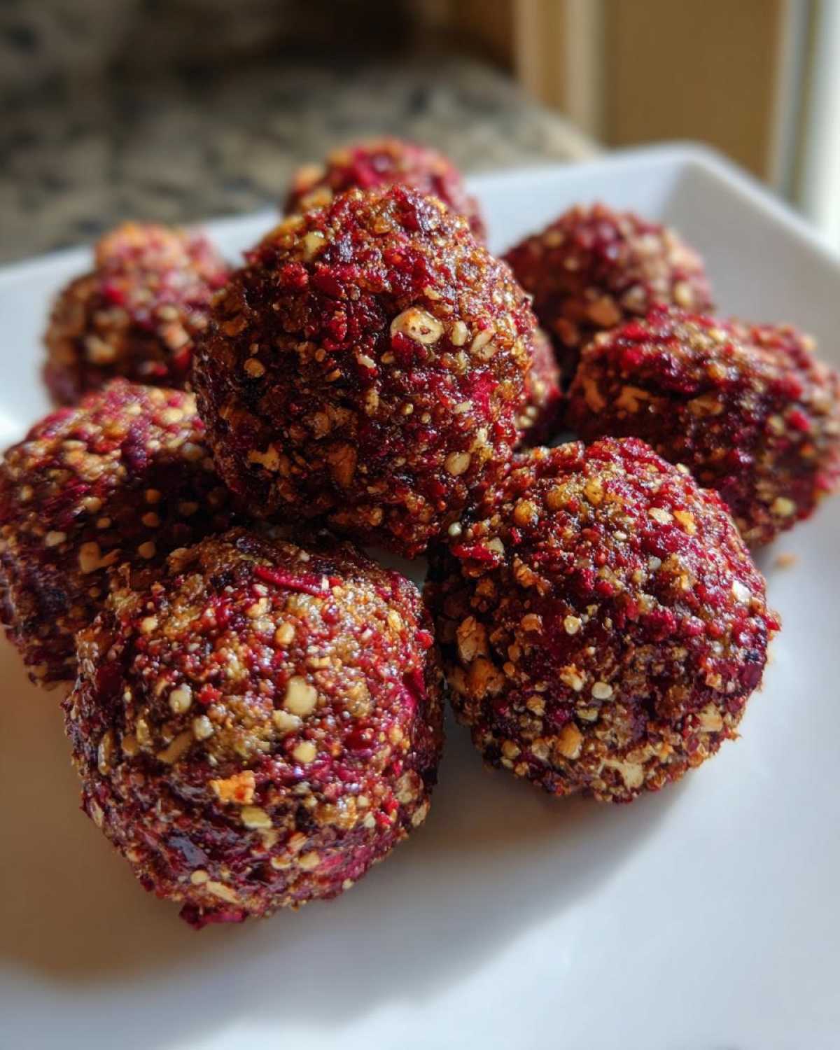 Close-up of several vibrant, reddish-purple energy bites, likely goat cheese balls, coated in chopped nuts.