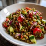 Close-up of a vibrant lentil salad featuring lentils, chopped red onion, cucumber, and tomato in a white bowl.