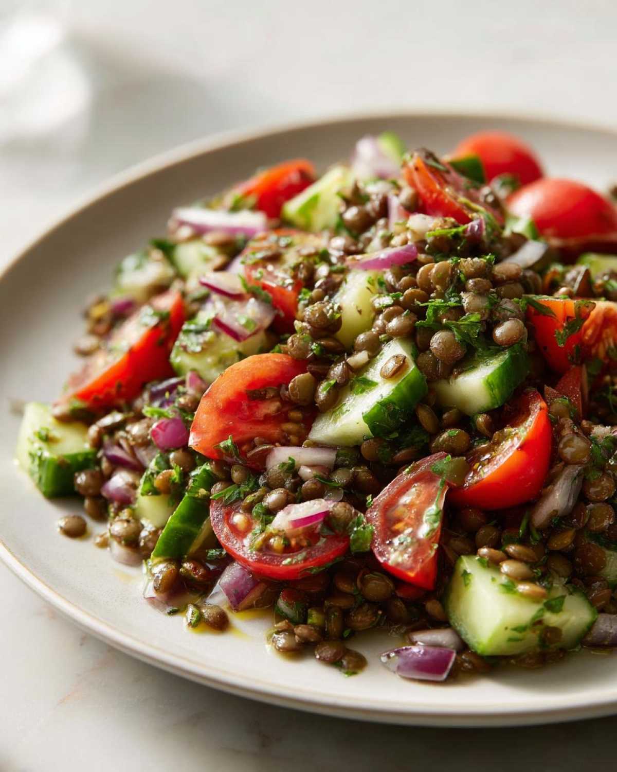 A close-up of a vibrant lentil salad featuring brown lentils, chopped tomatoes, cucumber chunks, and red onion.
