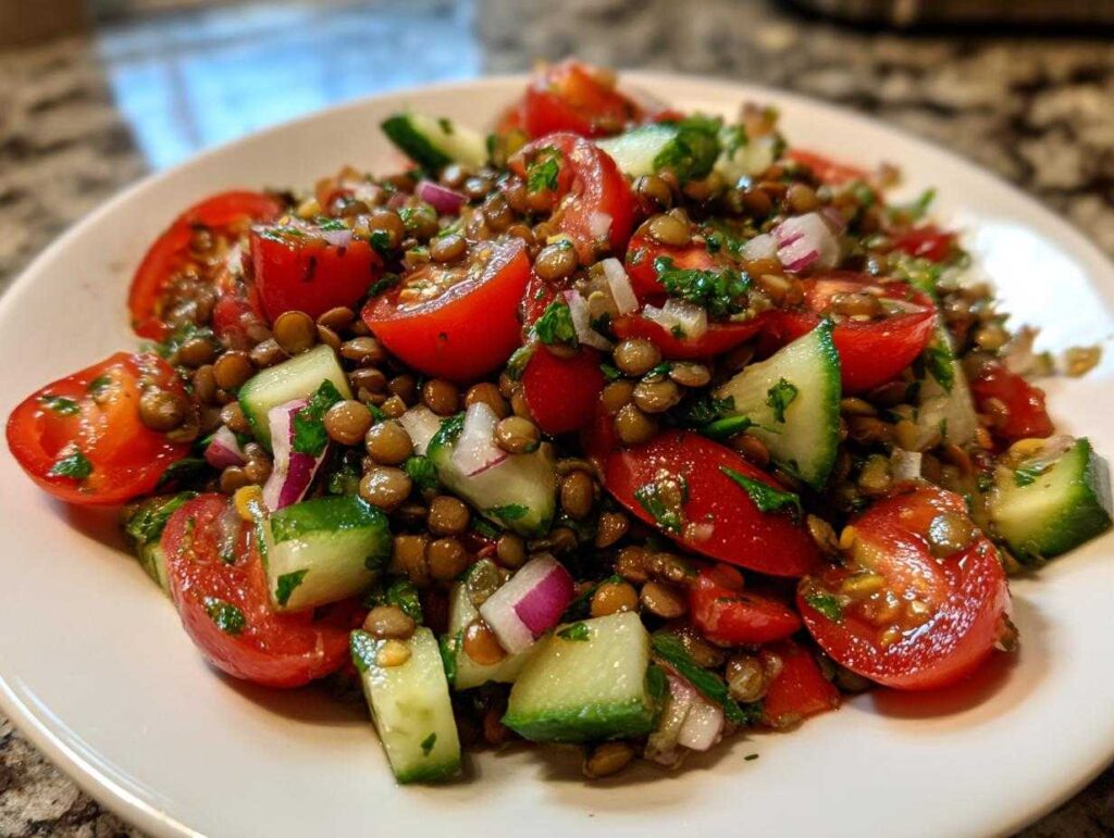 Close-up of a fresh lentil salad featuring brown lentils, halved cherry tomatoes, diced cucumber, and red onion.