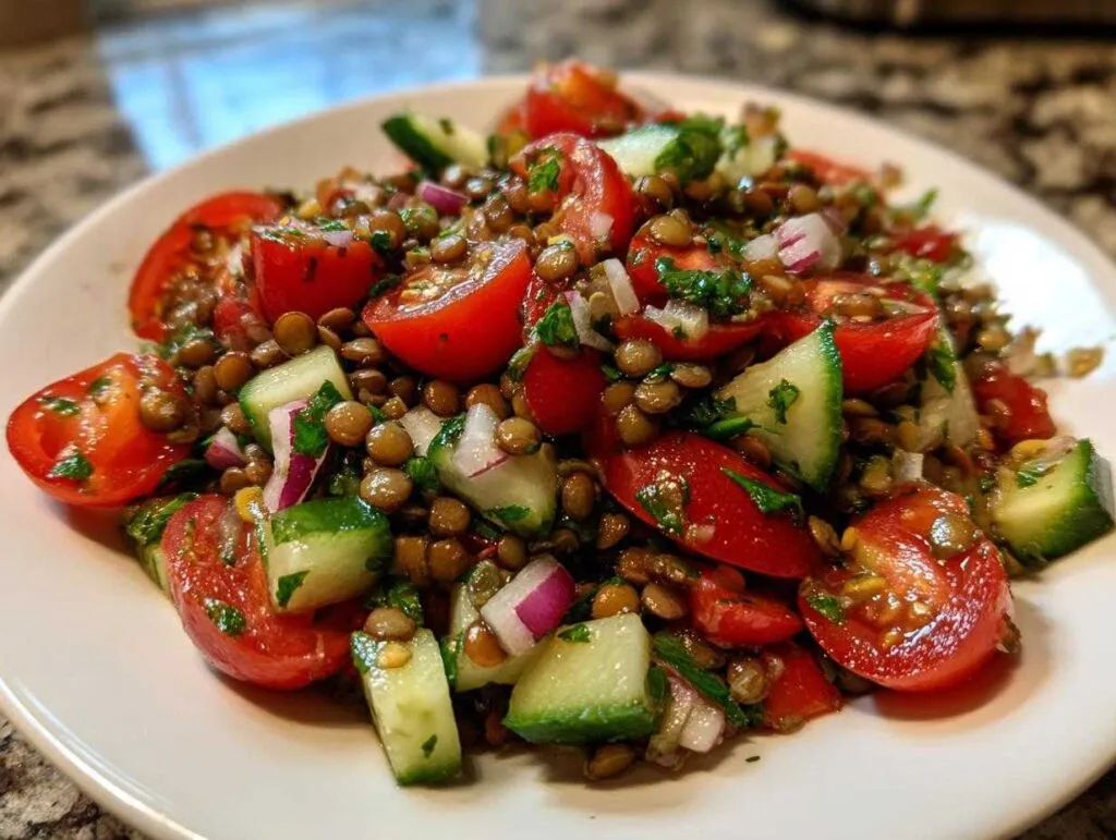 Close-up of a fresh lentil salad featuring brown lentils, halved cherry tomatoes, diced cucumber, and red onion.